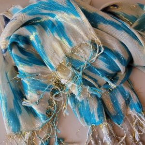 Pretty Beachy Ikat Pattern Long Fringed Scarf Silver Metallic Thread FINAL PRICE